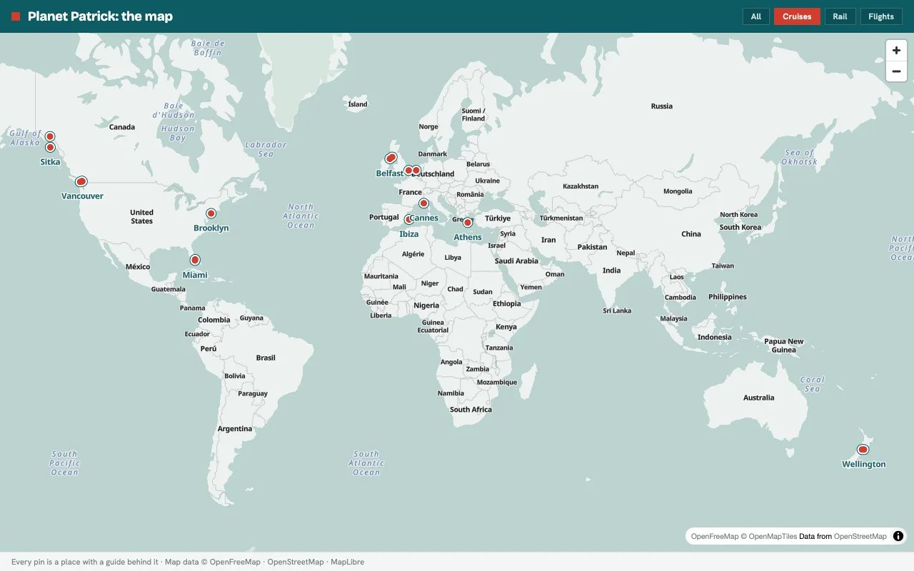 World map of every ferry crossing and cruise reviewed on Planet Patrick