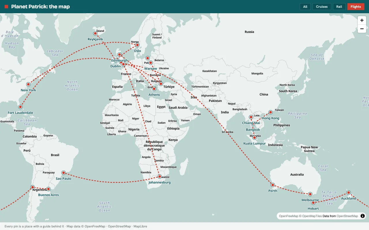 World map of every flight route reviewed on Planet Patrick