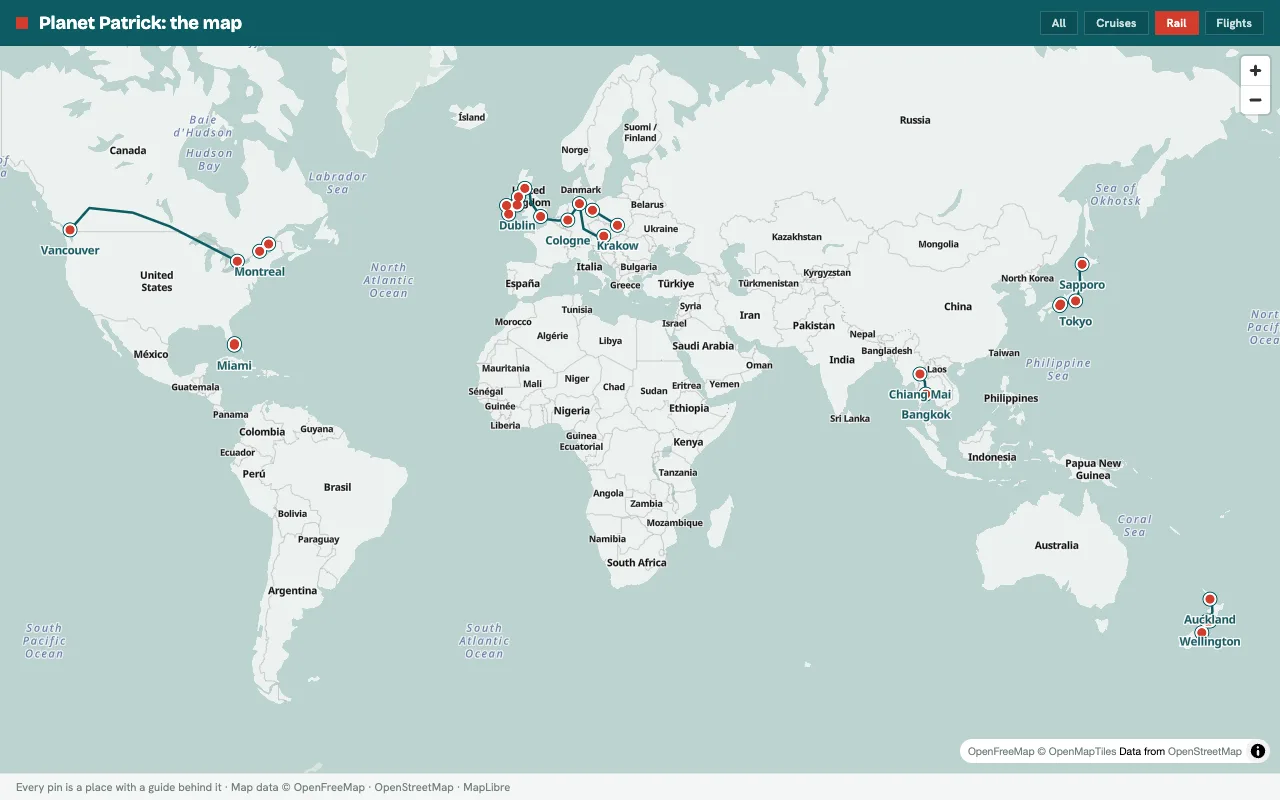 World map of every rail journey reviewed on Planet Patrick