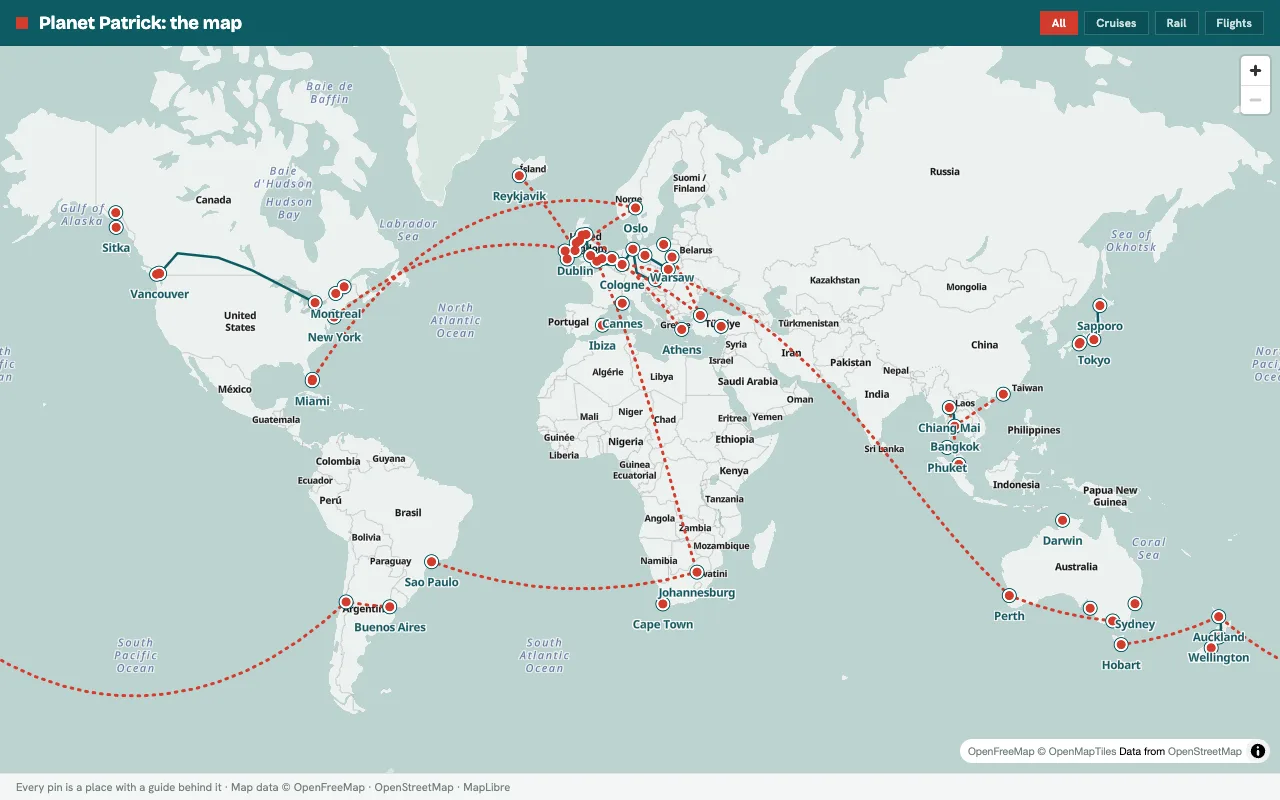 World map of every destination and route on Planet Patrick